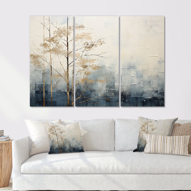 Minimalisme bleu et blanc forêt - ensemble de salon d'art mural forêt, H 28 po x l 36 po x P 1 po, Toile tendue