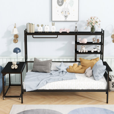 Lit de jour double en métal avec bureau mobile, grille en métal, tablettes et cintre