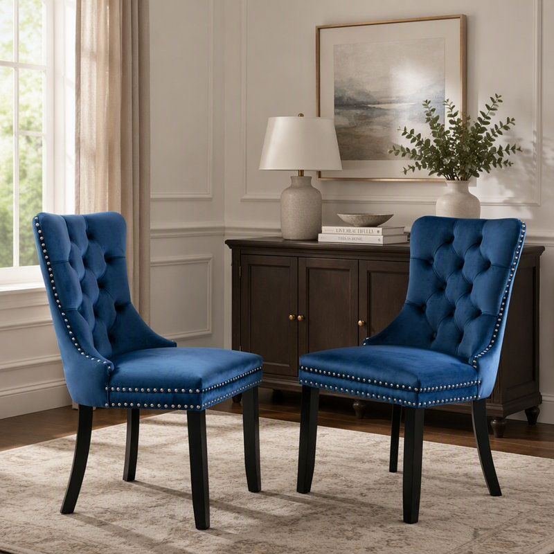 Ensemble de 2 chaises de salle à manger contemporaines capitonnées avec garniture cloutée, Bleu