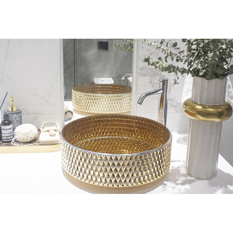 Selected 15.55'' Glass Circular Bathroom Sink, Golden Pink