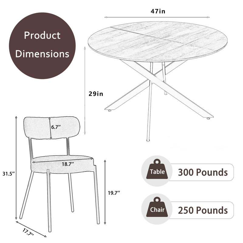 Ensemble de salle à manger à piédestal rond avec chaise Teddy, Brun, Blanc/Noir