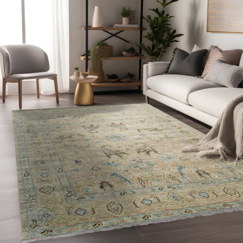 Elegant Hand Knotted Wool Brown and Blue Oushak Rug, 8' x 10'