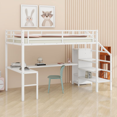 Lit mezzanine avec bureau en L et port USB, tablette de garde-robe et DEL