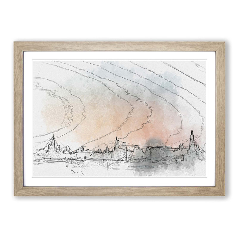 The Chicago Illinois Skyline in Abstract - Picture Frame Drawing Print, 27cm H x 36cm W x 2cm D, Oak Framed