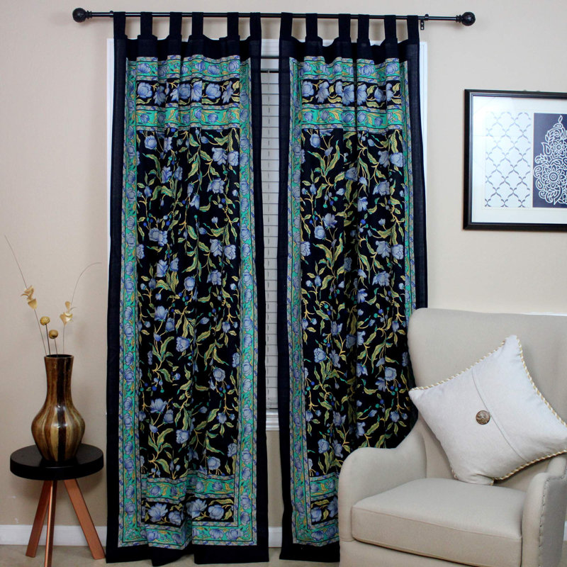 Panneau de rideau simple semi-transparent 100% coton Domynick, Bleu / vert