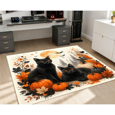 Tapis d'intérieur à motif chat noir et citrouille pour l'Halloween, design mignon et effrayant, surface en velours, antidérapant, décoration artistique pour salon, chambre, cuisine, entrée, appartement