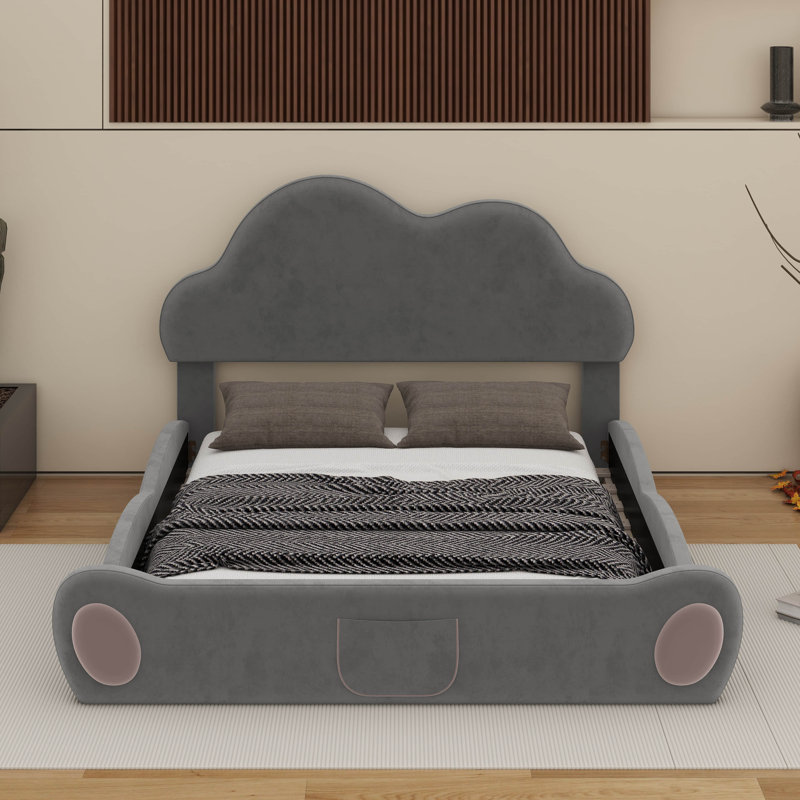 Grand lit plateforme tapissier à tête de lit avec poche, Gris