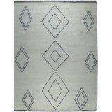 Ivory Hand-Knotted Wool Outlined Diamond Motif Geometric Modern Contemporary Carpet Rug