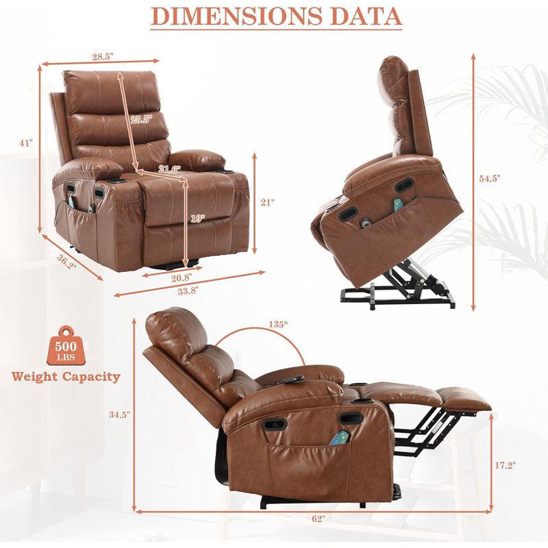 Fauteuil inclinable électrique avec massage et chaleur, Brun