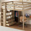 Lit mezzanine en bois pleine grandeur avec garde-robe intégrée, bureau, tablettes et tiroirs de rangement, noyer-441570637