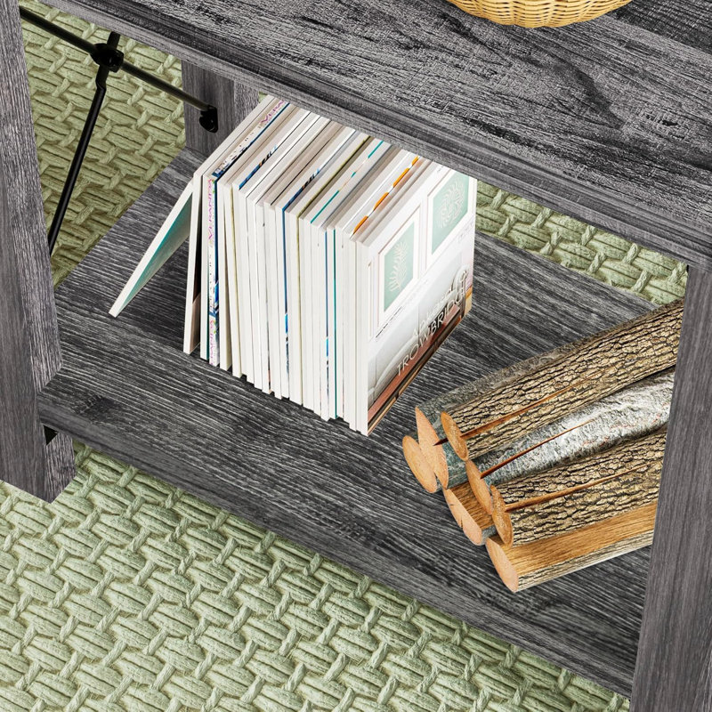 Gray Rustic X-Design MDF End Table Set with Storage Shelf