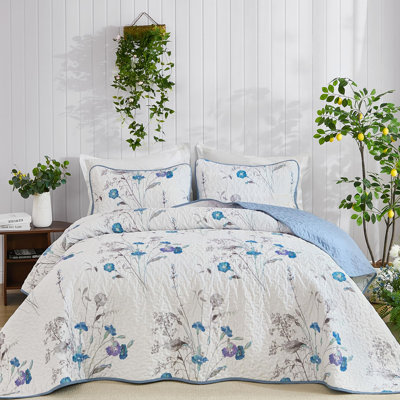 3 Pieces Botanical Plants Pattern Bedspread Quilt Set with 2 Pillowcases Soft Lightweight Microfiber Bedding Set for All Season