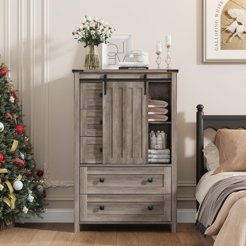 Grey Farmhouse 5-Drawer Tall Dresser, 48" Wood Chest with Barn Door Storage, Gray