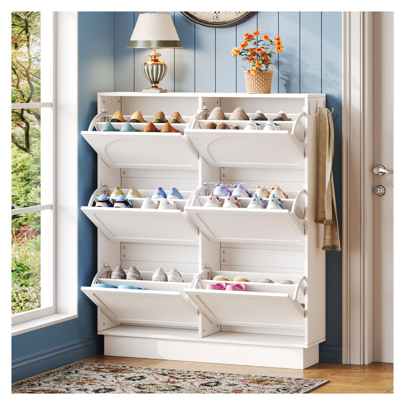 Modern Elegant Narrow Tipping Bucket Shoe Cabinet with 6 Flip Drawers - Cream White Entryway Shoe Storage Organizer with Adjustable Shelves and 3 Silvery Hooks