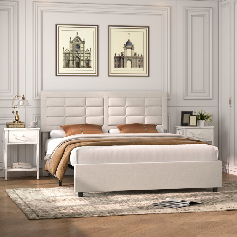 Mellark 3 Piece Bedroom Set Upholstered Bed Frame with with Charging Station and 2 Nightstands, Full, White