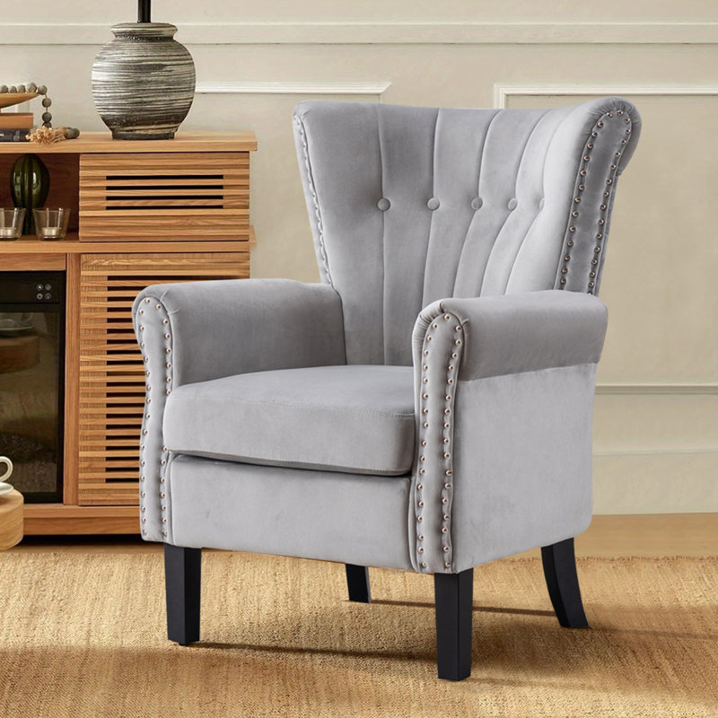 Fauteuil d'appoint rembourré capitonné avec tête de clou pour la chambre, Velours gris velours