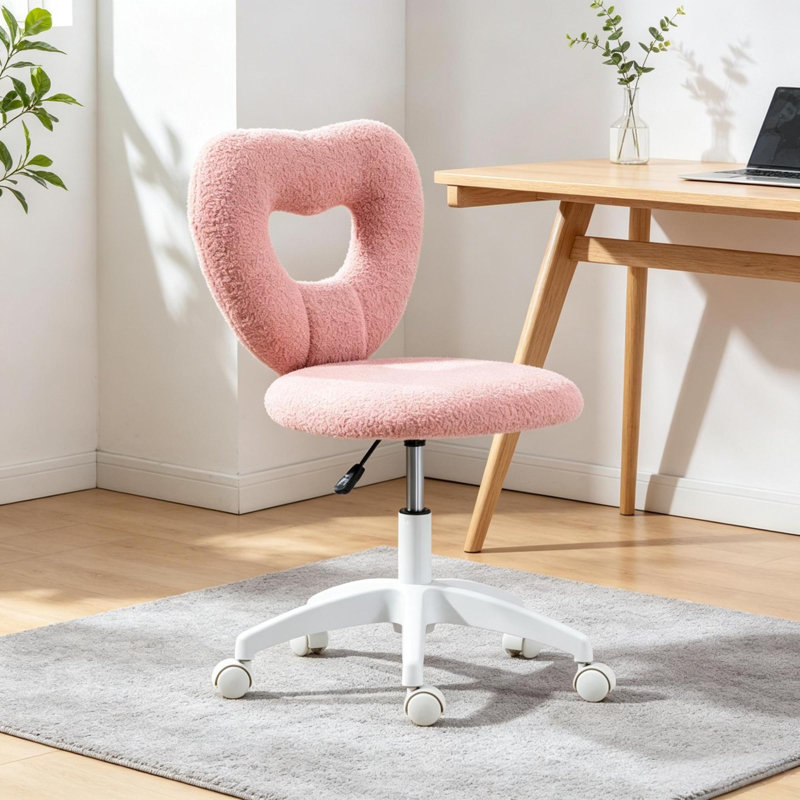 Chaises de bureau mignonnes avec dossier en forme de cœur, chaise de coiffeuse moderne en polaire rose à l'effigie d'un ours en peluche