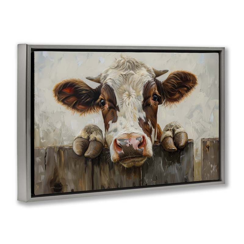 Cow On Fence Gold Framed Floater Canvas by Petals Prints Design, Lustre Grey Floater Frame, 17" H x 25" W