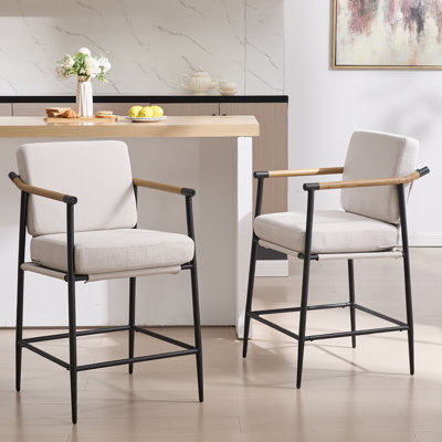 Industrial Modern Bar Stool With Backrest & Removable Cushion - 26" Counter Height Adjustable Stool - Faux Wood Armrests & Soft Linen/Velvet Upholster by Hokku Designs