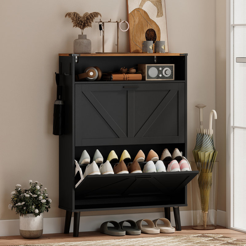 Armoire à chaussures avec 2 tiroirs rabattables, armoire à chaussures étroite, noir, Noir / brun 