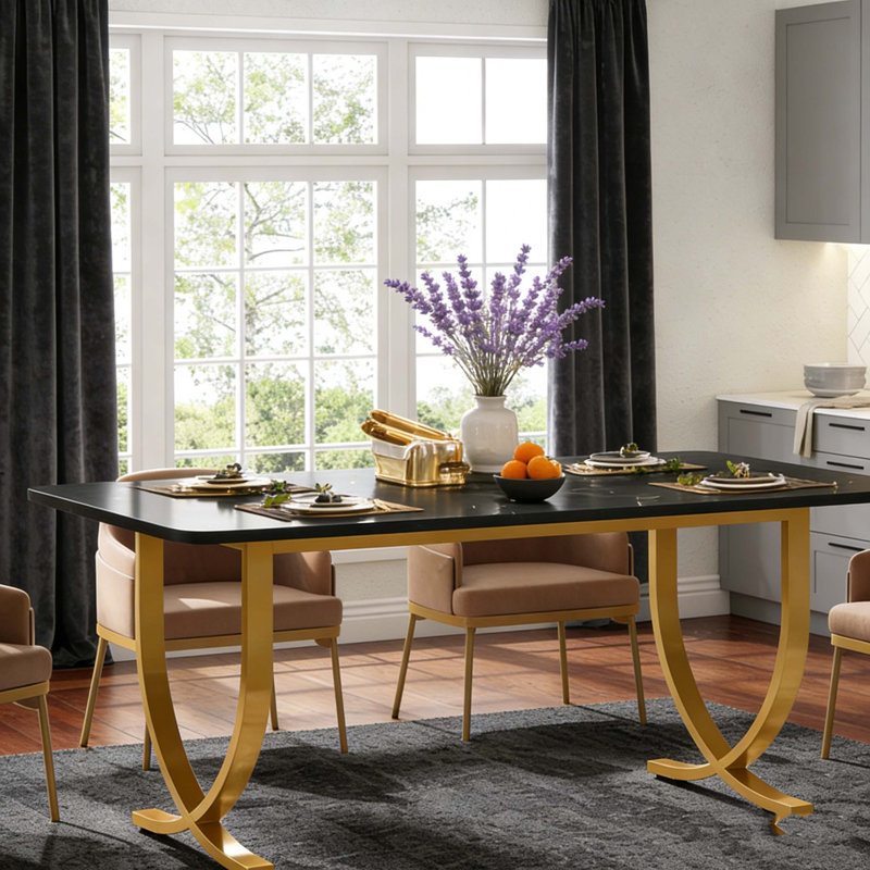 Table de salle à manger moderne avec plateau en faux marbre, Noir et or