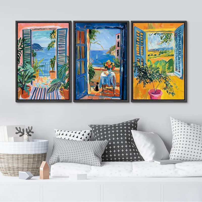 "Fenêtre ouverte vibrante avec vue sur un paysage méditerranéen, décor moderne, calme minimal, détente douillette pour la chambre à coucher" 3 pièces