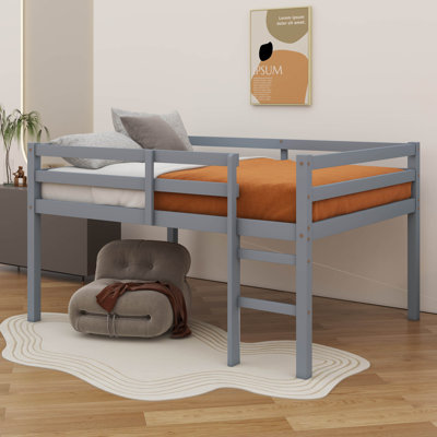 Full-Sized Bed Frame, Compact Rubberwood Loft Bed With Steps