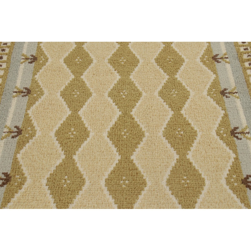 Vintage Swedish Rya Rug, Minimalist Diamond Lattice In Sage And Beige - Rug & Kilim