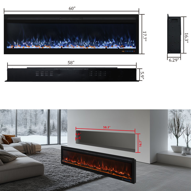 Electric Fireplace, 17.7" H x 60" W x 6.6" D