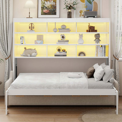 Queen Size Murphy Cabinet Bed with Folding Sofa, Storage Shelves and LED Light