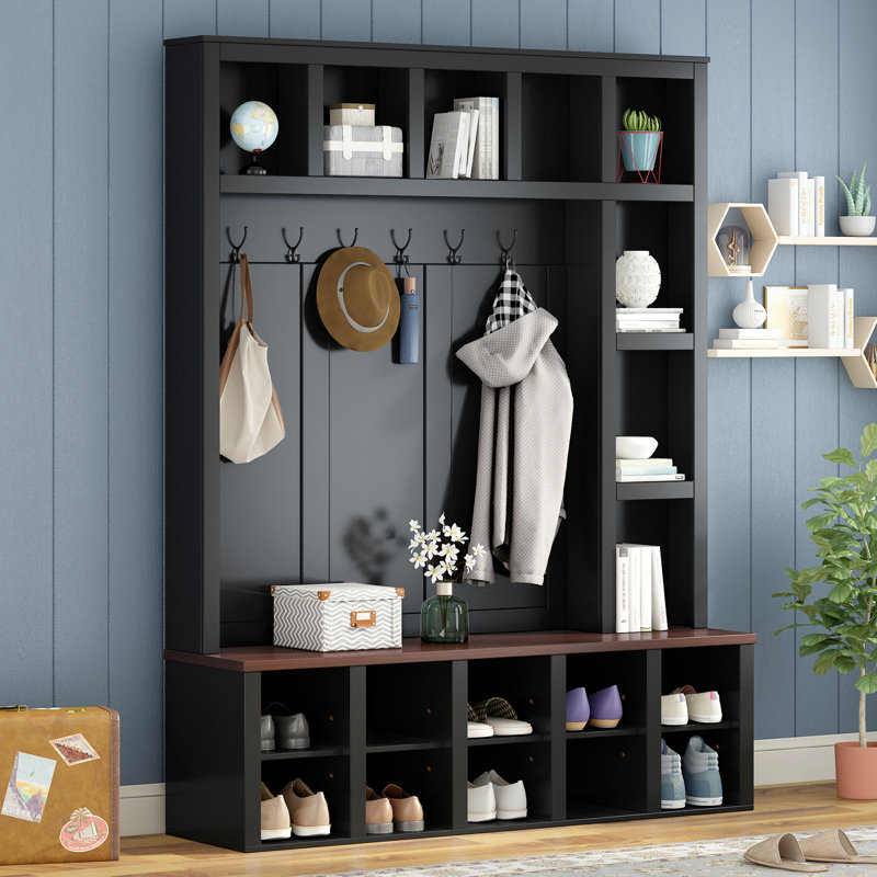 Hall Tree 59" Wide With Bench And Shoe Storage, Black