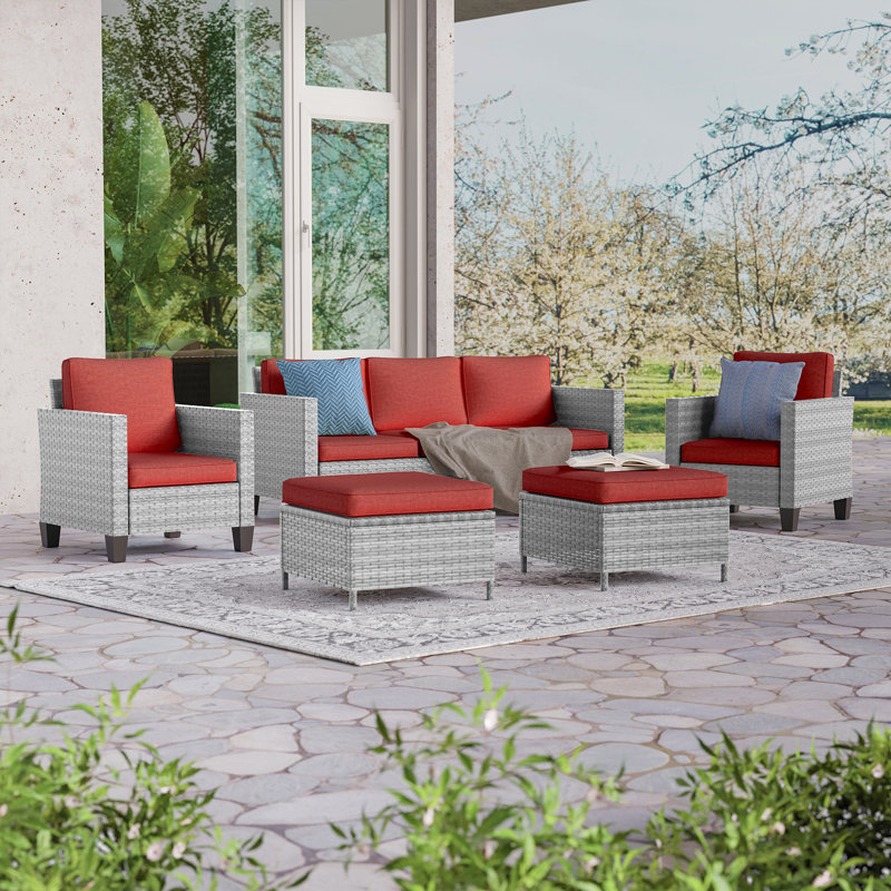 Ensemble de conversation d'extérieur pour 5 personnes avec coussins Avicia, Gris, Rouge brique