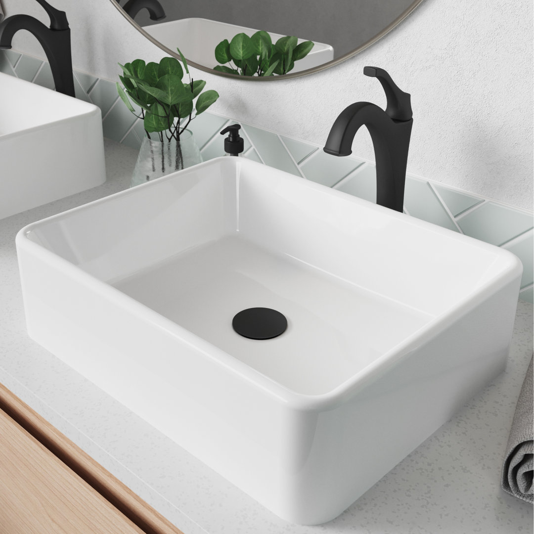 KRAUS Elavo Square White Porcelain Ceramic Bathroom Vessel Sink and Faucet Combo with Pop-Up Drain Kraus Faucet 