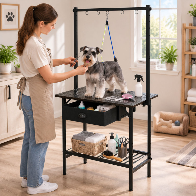 Table de toilettage pour chiens, station de toilettage réglable avec tiroirs, plateau en filet et tapis lavable