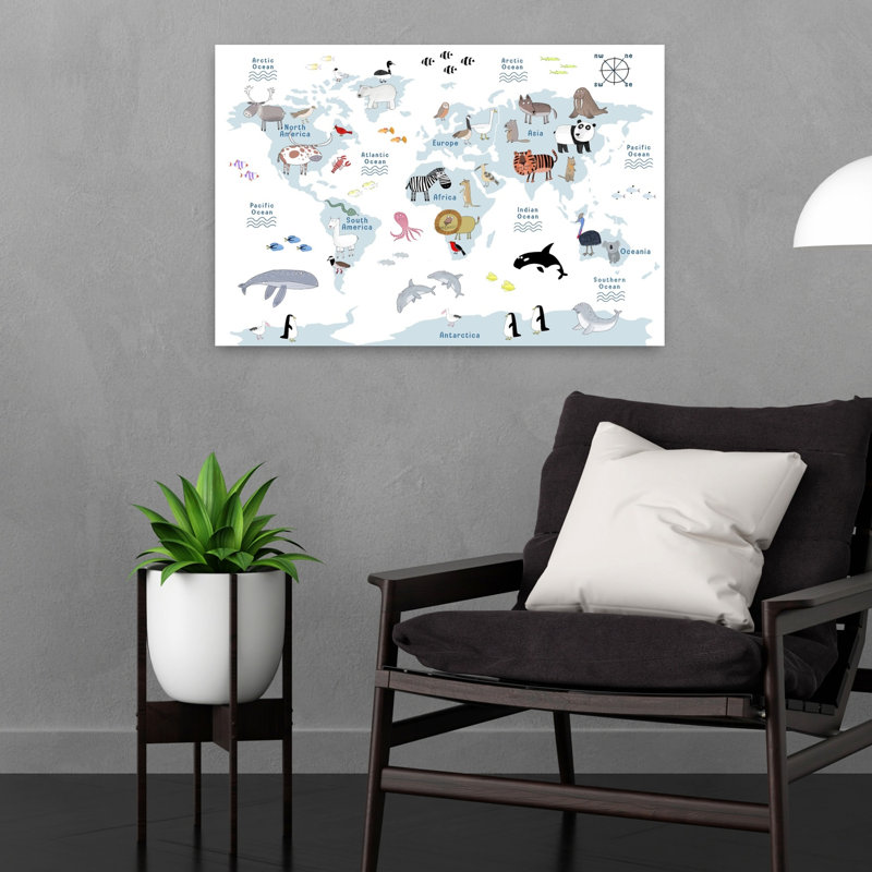 «Playful World Map Animals», reproduction d'art murale animalière contemporaine, 16" H x 24" W