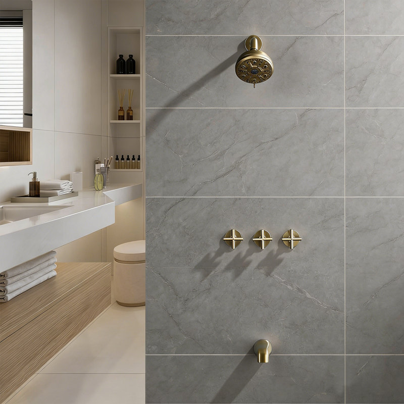 Wall-Mounted 3-Handle Tub And Shower Faucet Set , Brushed Gold