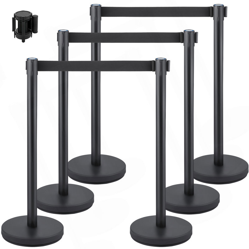 Poteau de contrôle des foules, ensemble de poteaux de 6 pièces, ensemble de poteaux avec ceinture rétractable noire de 6,6 pi / 2 m, barrière de contrôle des foules noire avec base en béton et en métal - assemblage facile à connecter