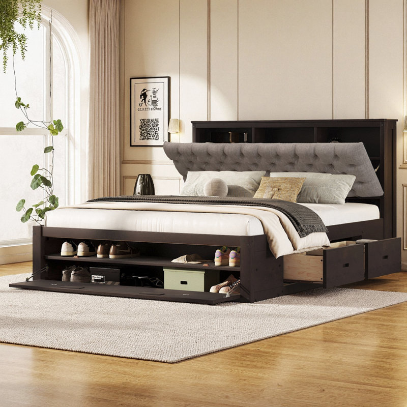 Lit moderne, lit plateforme en bois avec tête de lit, étagère à chaussures et 4 tiroirs, Espresso