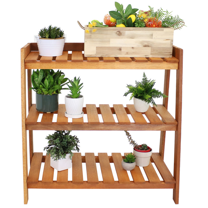 Etting 3-Tier Brown Meranti Wood Outdoor Plant Stand Garden Shelf