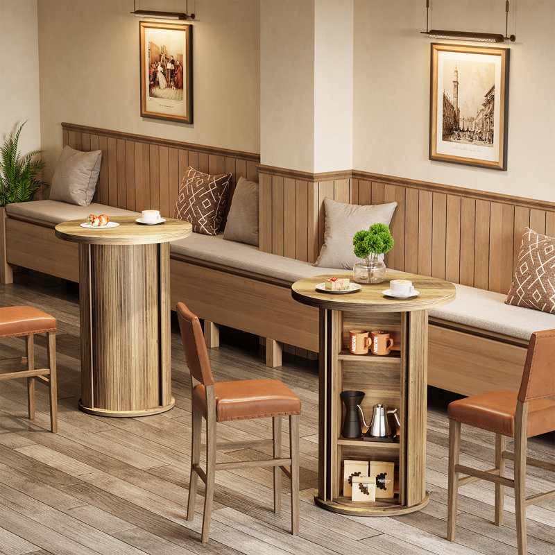 35.4-Inch Round Bar Table, Fluted Bistro Cocktail Pub Table With 3-Tier Hidden Storage, Brown, 1, Brown