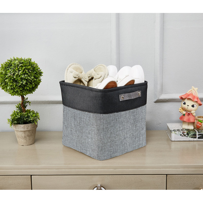 Foldable Storage Bin | Collapsible Sturdy Fabric Storage Basket Container W/Handles, 11" H x 11" W x 11" D, Grey/White
