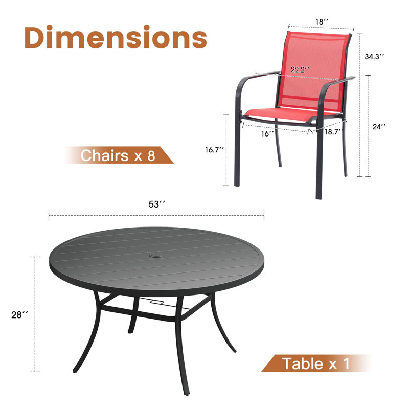Patio Dining Set with 53" Round Metal Dining Table and 8 Stackable PVC-coated polyester Chairs, Black/Red