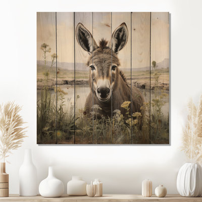 Farmhouse Donkey In Field III - Donkey On Wood Print
