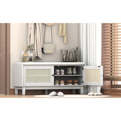 Banc d'entrée, coussin, rangement, désordre, réglable à 3 niveaux, finition gris délavé d'inspiration bohémienne, rangement à double porte, 4 sections, poids de 200 lb, beige