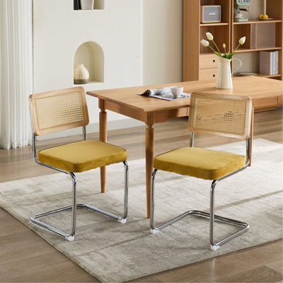 Ensemble de 2 chaises de salle à manger de style Mid-Century moderne, chaises d'appoint en velours avec dossier en canne naturelle et base en acier inoxydable chromé, chaises de conception célèbre Breuer, chaises de cuisine rembourrées en rotin