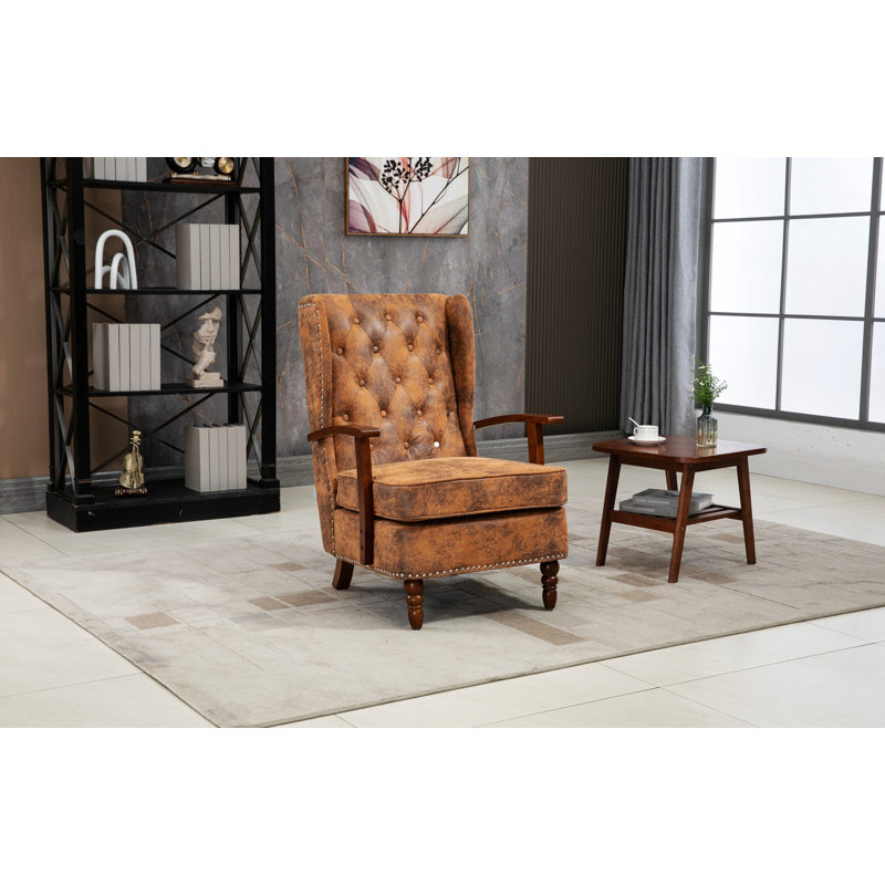 Fauteuil à oreilles rembourré Biali, Microsuède café