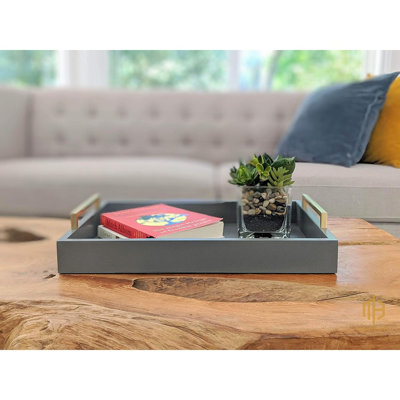 Plateau décoratif pour table basse - plateau repose-pieds - plateau pour déjeuner, boissons et boissons alcoolisées - de style campagnard à moderne - finition mate - poignées champagne or brossé - gris anthracite