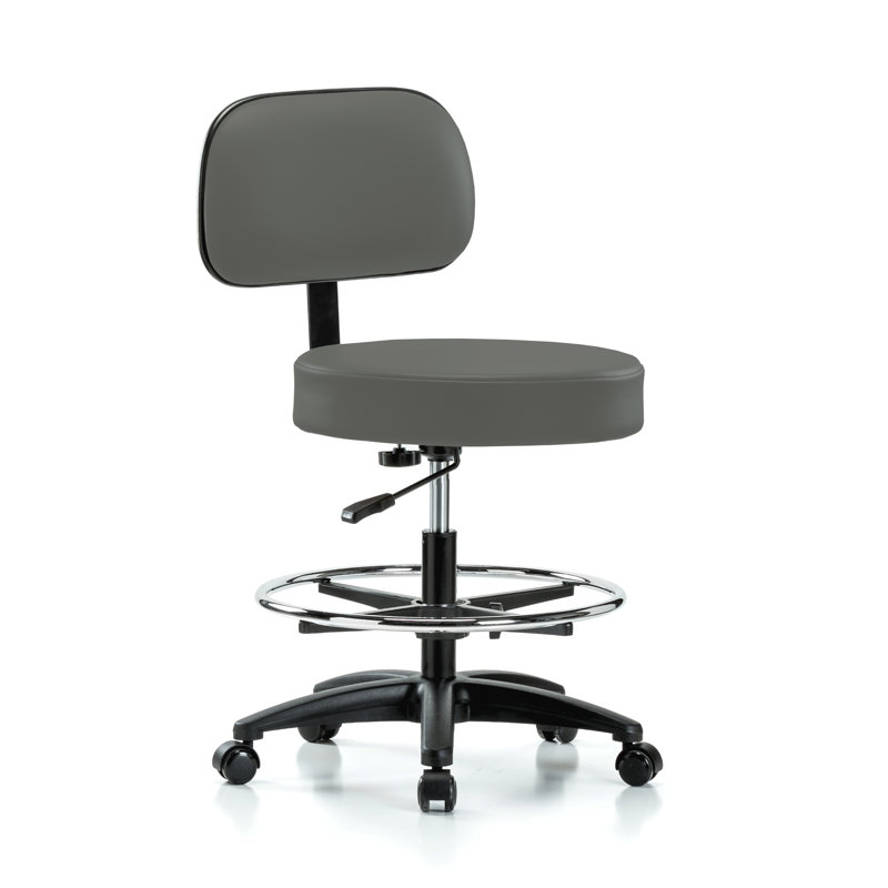 PERCH Walter Height Adjustable Exam Stool with Backrest and Foot Ring | Medium Bench Height 21-28.5", Charcoal Vinyl