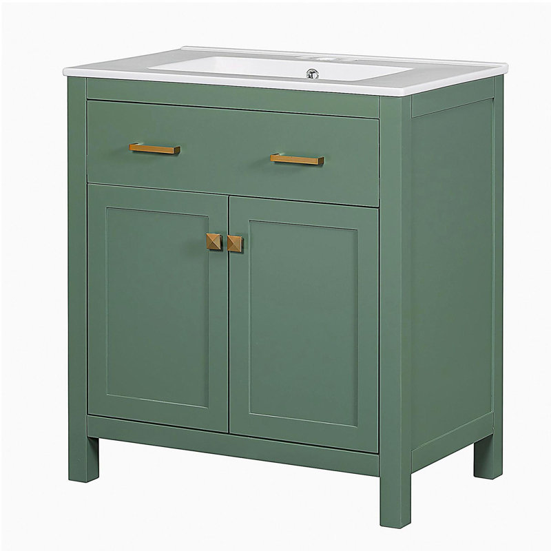 30-inch Bathroom Dressing Table with Ceramic Basin, Green Single Bathroom Cabinet, with 2 Doors and Shelves, Door