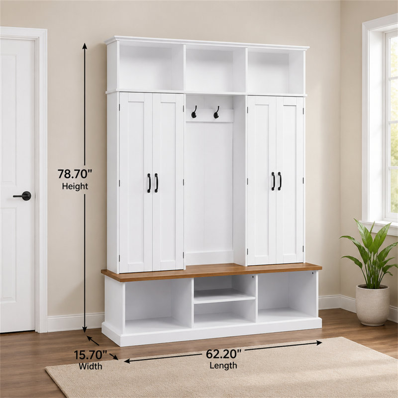 62.2-inch Coat Rack With Hooks And Cabinet Doors, Suitable For Entryways, Hallways, And Living Rooms, White